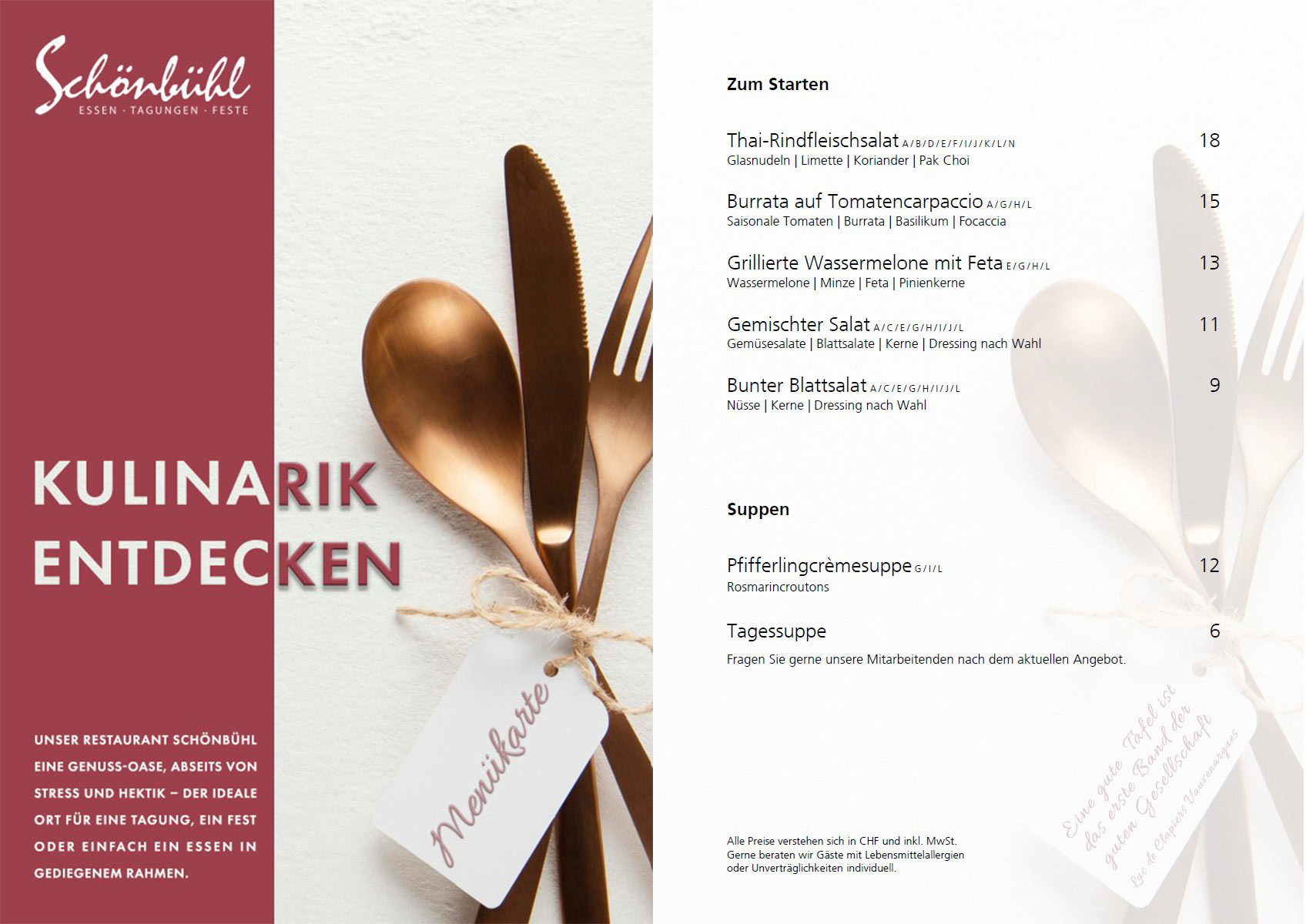 Deckblatt und Startseite Speisekarte