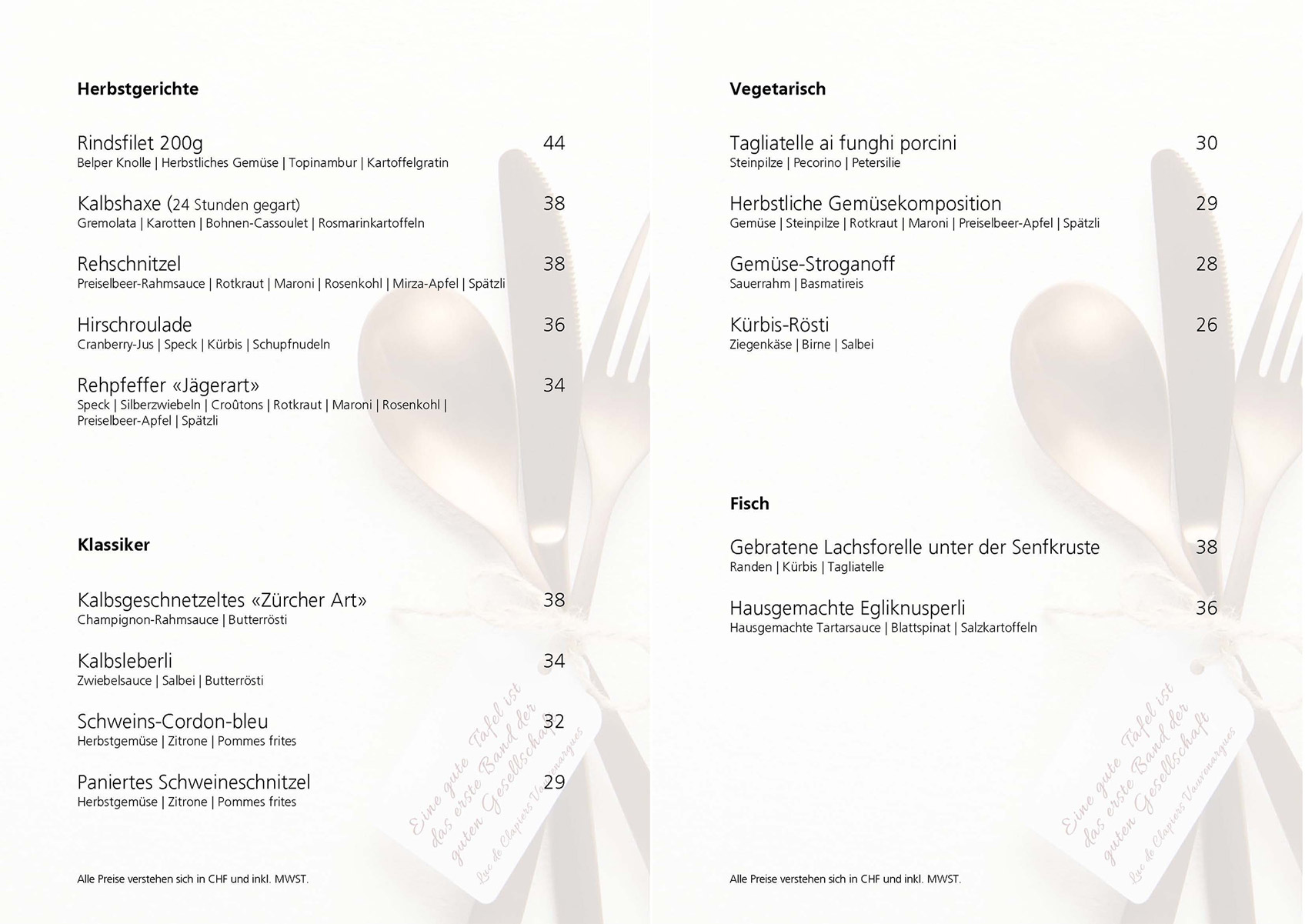 Herbstgerichte Speisekarte Restaurant Schönbühl
