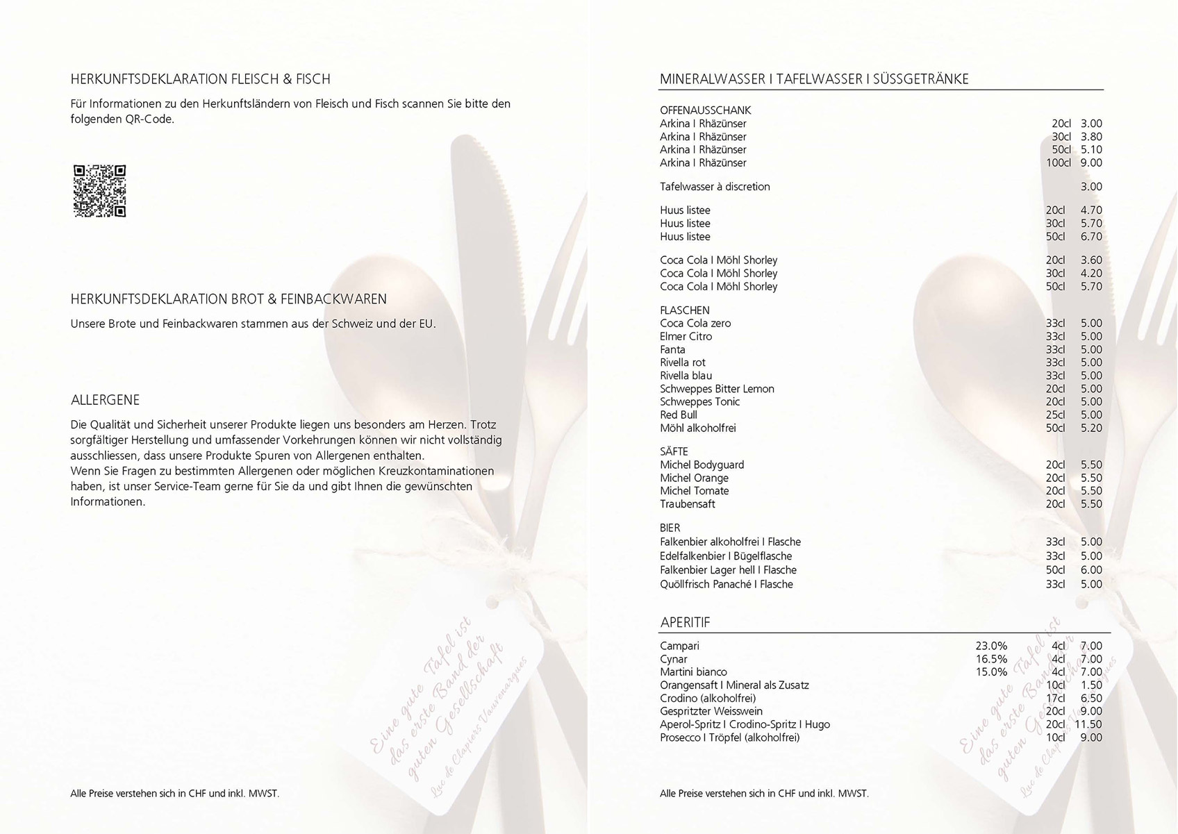 Herkunftsdeklarationen Speisekarte Restaurant Schönbühl
