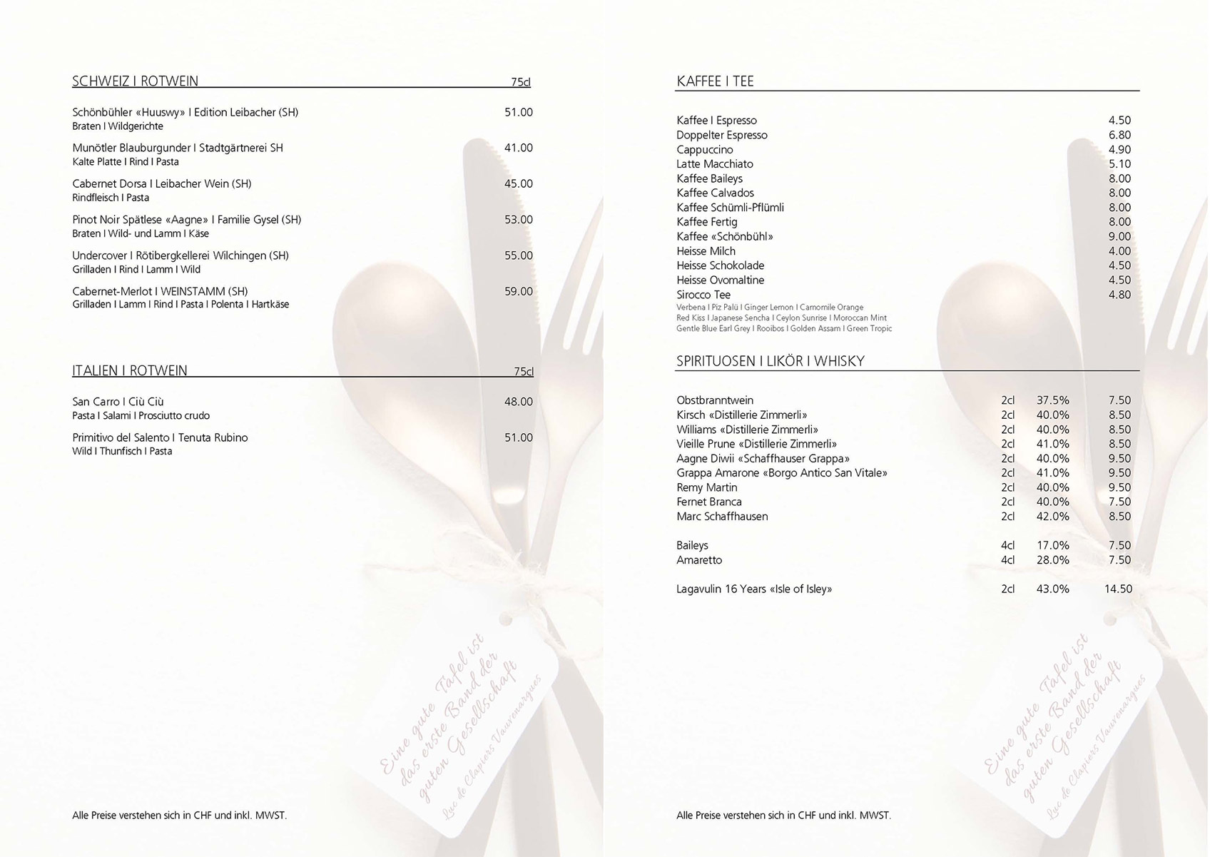 Getränkekarte Speisekarte Restaurant Schönbühl
